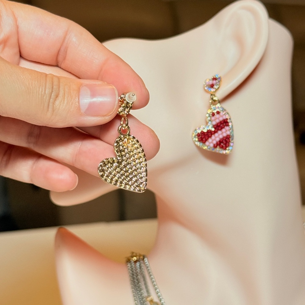 Red Beaded Heart Drop Earrings - Women Jewelry - Picture 6 of 11